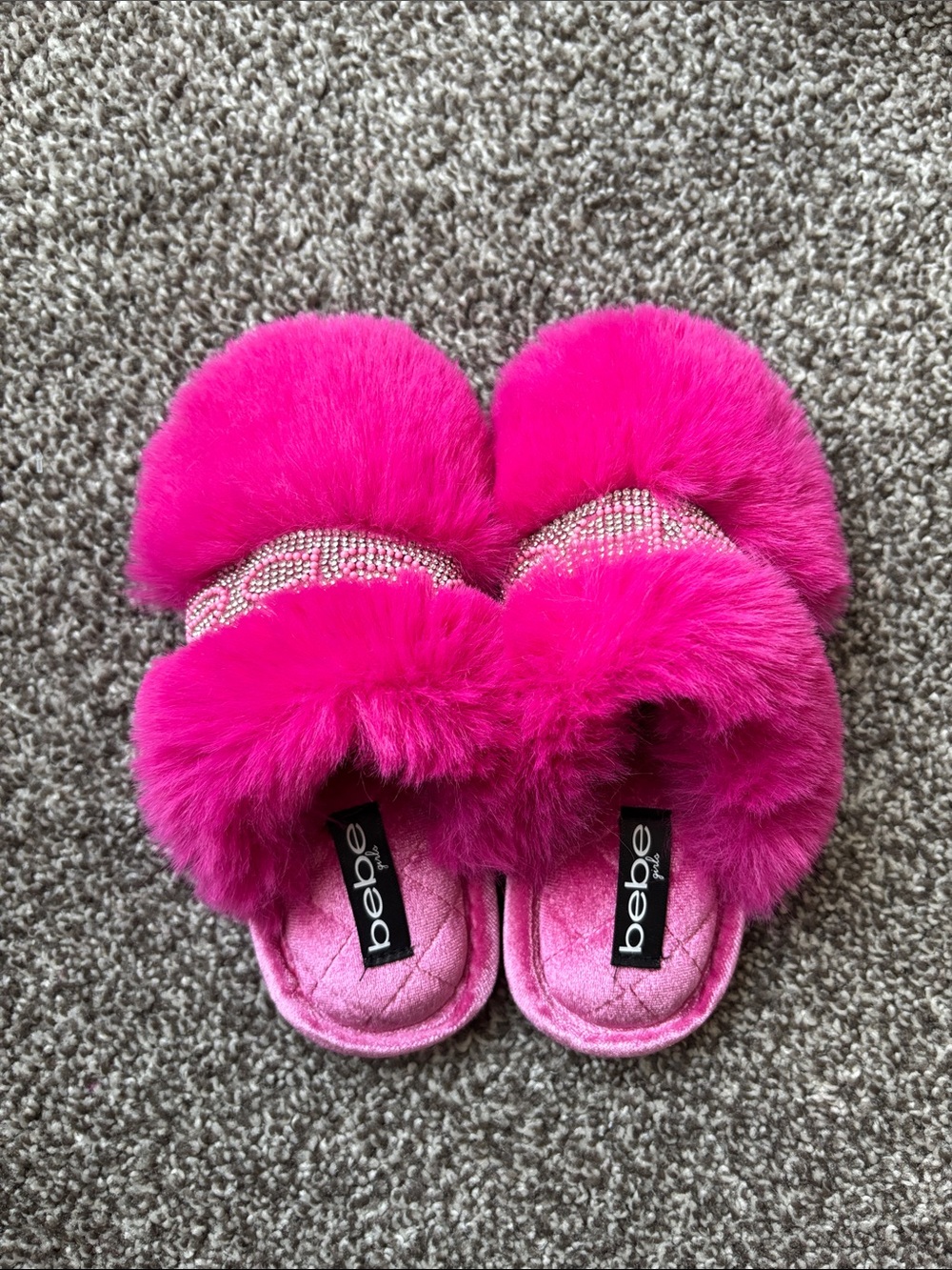 bebe Kids Fuchsia Faux Fur Slide Slippers with Crystal Band